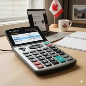 Graphing calculator with bilingual English and French interface options, ideal for Grade 12 students in Quebec or French Immersion programs.