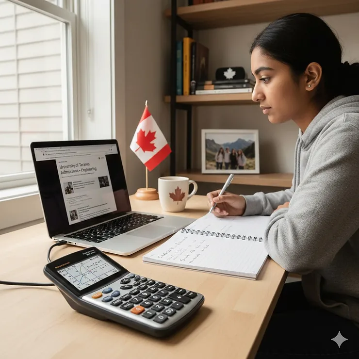 A Grade 12 Canadian student using a high-performance graphing calculator to solve advanced functions for university preparation in a modern classroom setting.