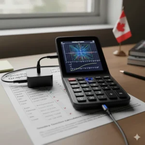 Modern rechargeable graphing calculator for Grade 12 students, featuring long battery life for extended study sessions and Canadian winter commutes.