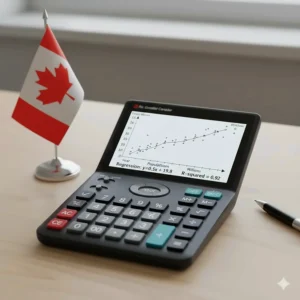 Graphing calculator screen displaying a statistical regression analysis for Grade 12 Data Management courses in Canada.