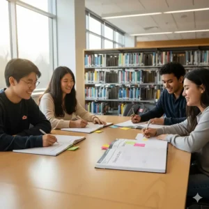 A diverse group of Canadian high school students in a bright library using an academic planner to organize their semester goals.