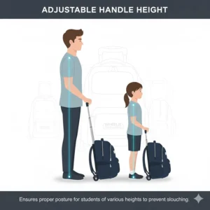 Illustration demonstrating an adjustable telescoping handle to ensure proper posture for students of various heights to prevent slouching.
