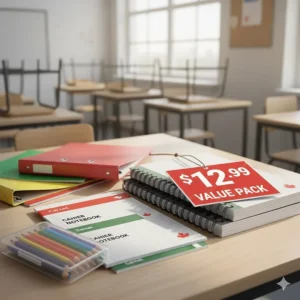 A collection of pens, pencils, and erasers representing a high-value portion of complete back to school supplies under $100.