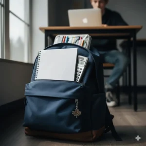 A student’s backpack in Canada containing a graph paper notebook for math, scientific calculator, and stationery.