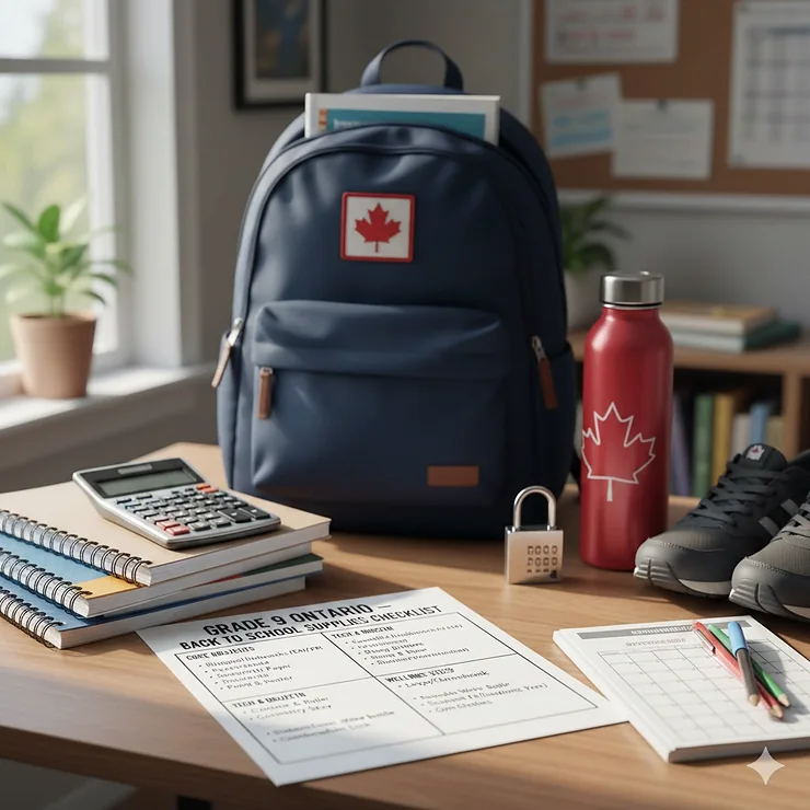 A comprehensive back to school supplies checklist for Grade 9 students in Ontario, featuring a Canadian-branded backpack, scientific calculator, and bilingual notebooks. back to school supplies checklist grade 9 Ontario
