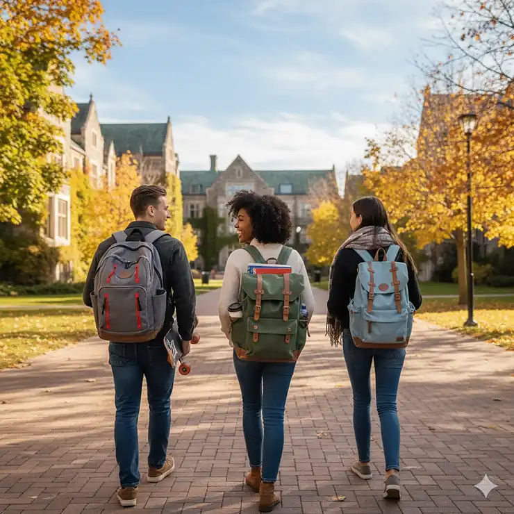 A high school student wearing a stylish backpack for high school students walking across a Canadian campus in the autumn.