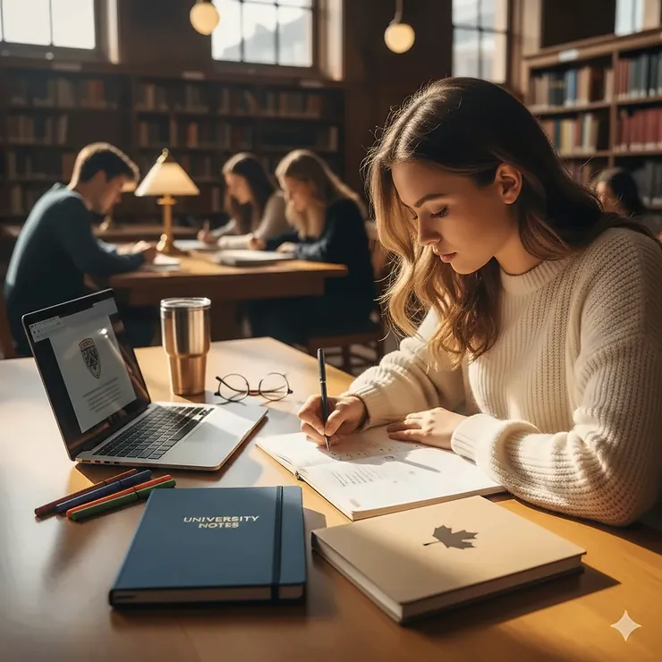 A student using high-quality notebooks for university note-taking in a sunlit Canadian campus library, featuring a laptop and a reusable coffee mug.