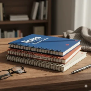 A stack of notebooks for university note-taking with "Notes" and "Cahier" labels, reflecting Canada's bilingual academic environment.
