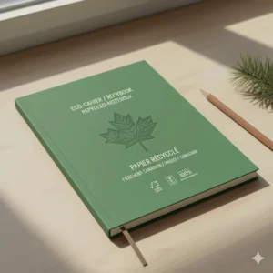 A notebook cover design featuring bilingual English and French text, highlighting the Canadian identity of these recycled paper notebooks.