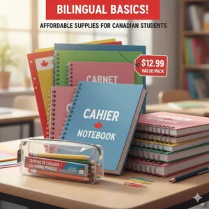 Colorful illustrations of notebooks and folders with "Cahier" and "Notebook" text, highlighting affordable bilingual supplies for Canadian students.