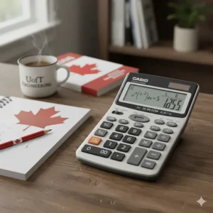 A close-up of a scientific calculator interface featuring bilingual English and French function labels for Canadian users.