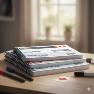 A stack of multi-subject spiral notebooks with English and French labels, essential for Ontario secondary school literacy standards.