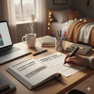 A close-up of a student’s hand marking a University Dorm Essentials Checklist next to a bilingual Student Planner / Agenda Étudiant.