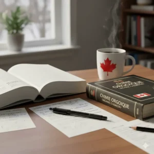 A mechanical pencil for students placed next to a French-English dictionary and a chemistry textbook.