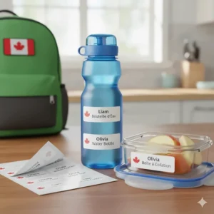 Personalized waterproof name labels in English and French for a Canadian student's water bottle and snack containers.