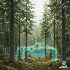 Stylized illustration of a healthy Canadian boreal forest, representing the trees saved by choosing recycled paper notebooks.