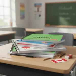 A stack of "Cahier" notebooks and Hilroy-style exercise books used in Canadian French immersion classrooms.