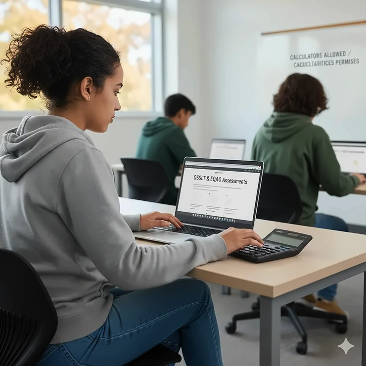 A high school student in Ontario using a scientific calculator and a laptop to complete the online OSSLT and EQAO assessments. calculators allowed on OSSLT and EQAO Ontario