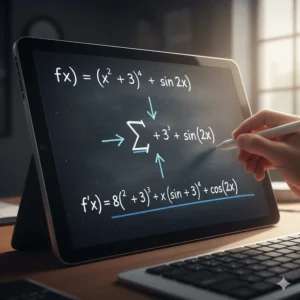 Step-by-step derivative solution for a university calculus problem showing power and chain rules.