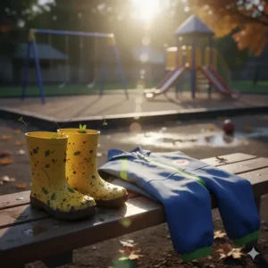 Durable rubber rain boots and a splash suit (muddy buddy) for Canadian outdoor recess and nature play.