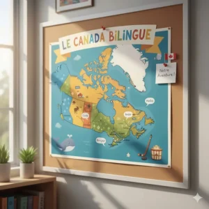 An illustrated map of Canada highlighting bilingual regions, used as a French immersion classroom resource.