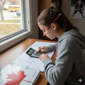 A Canadian high school student using an affordable scientific calculator under $50 for calculus homework.