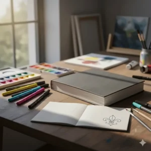 Illustration of a professional sketchbook and pens for students enrolled in Fine Arts or Graphic Design at a Quebec college.