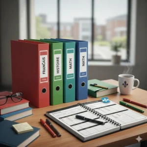 Color-coded binders and a weekly planner used to stay organized according to a complete CEGEP supplies list.