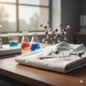 White lab coat and safety goggles for students in the Health Science or Pure and Applied Science programs at a Quebec CEGEP.