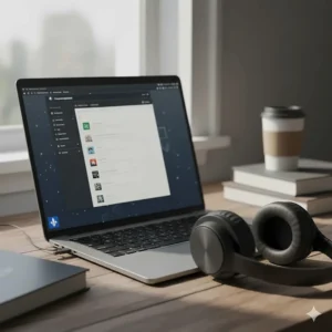 Illustration of a student laptop and noise-canceling headphones, a must-have for the complete CEGEP supplies list in Quebec.