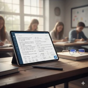 Illustration of a digital tablet and stylus for modern note-taking in a Quebec CEGEP classroom setting.