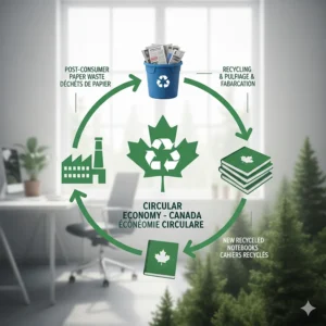 A circular diagram illustrating the lifecycle of a notebook from recycled bin to a new Canadian-made recycled paper notebook.