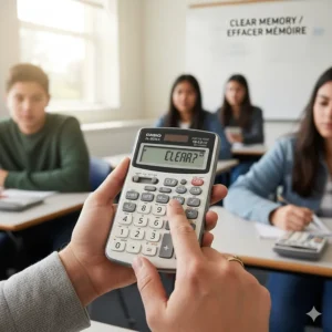 Hands of a teacher demonstrating how to clear the memory of a scientific calculator before the start of an EQAO math assessment.