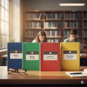 A row of color-coded notebooks for university note-taking, labeled for different courses like History, Biology, and French Literature.