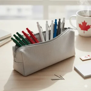A variety of colorful mechanical pencils for students organized in a minimalist pencil case.