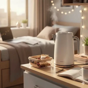 A sleek white electric kettle steaming next to a glass snack container with granola bars on a dorm room desk.