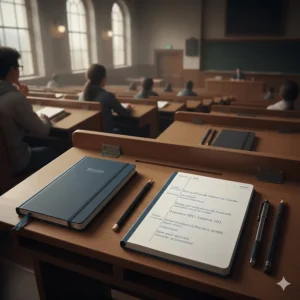 Slim-profile notebooks for university note-taking designed to fit on small, tiered Canadian lecture hall desks.