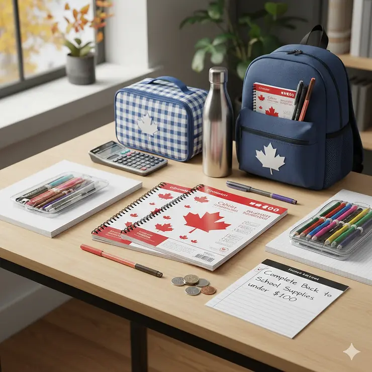 A flat lay of complete back to school supplies under $100 featuring Canadian brand notebooks, a maple leaf lunchbox, and bilingual French-English labels.