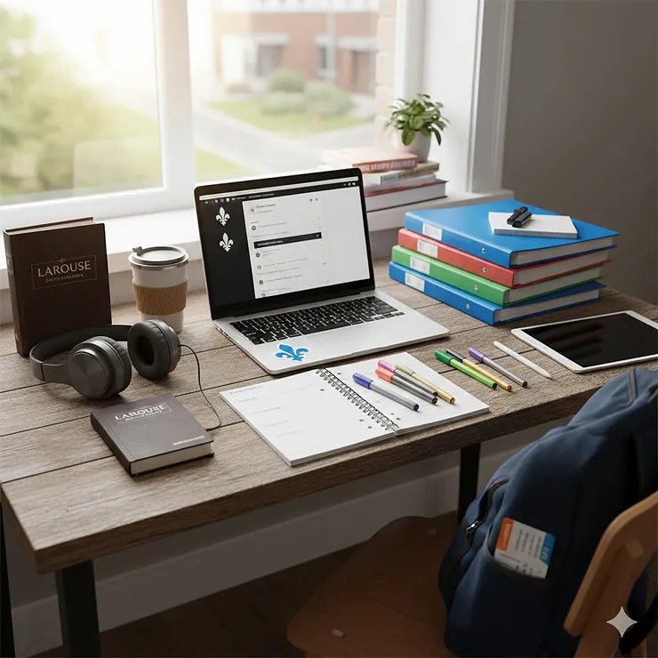 A flat-lay arrangement of essential items from a complete CEGEP supplies list for Quebec students, featuring a laptop, a French-English dictionary, and a reusable coffee mug on a wooden desk.