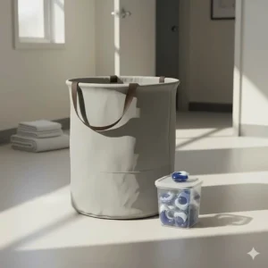 A collapsible fabric laundry hamper and a clear container of laundry detergent pods on a bright, minimalist dorm room floor.