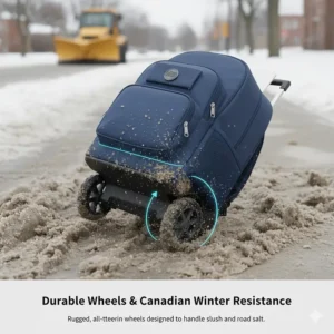 Illustration of rugged, all-terrain wheels on a rolling backpack designed to handle Canadian winter slush and road salt.