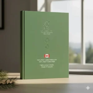 Illustration of environmental certification seals recognized in Canada on a recycled paper notebook back cover.