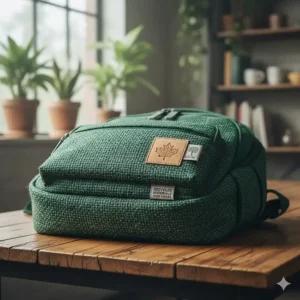 An illustration highlighting the eco-friendly, recycled materials of a laptop backpack for university students, reflecting Canadian sustainability values.