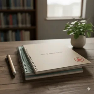 Eco-friendly notebooks for university note-taking made from recycled materials, featuring a subtle maple leaf sustainability logo.
