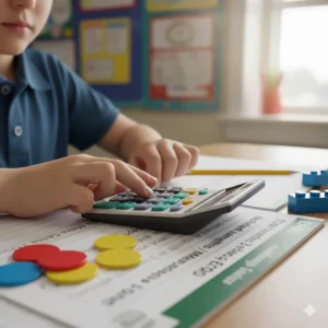 Simple four-operation calculator and manipulatives used by Grade 3 and Grade 6 students for Ontario EQAO provincial testing.