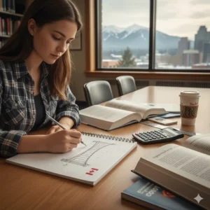 Canadian engineering student using a graph paper notebook to sketch architectural diagrams and physics formulas.