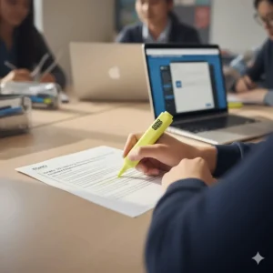 A student's hand using a yellow highlighter on a printed OSSLT practice reading passage to identify key information.