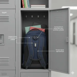 Illustration showing an ergonomic backpack for high school students designed to fit perfectly inside standard Canadian school lockers.