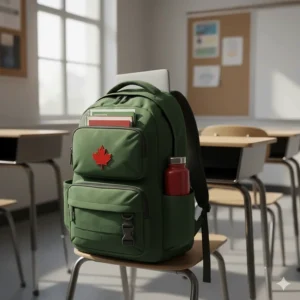 A durable, ergonomic backpack designed for Canadian high school students to carry heavy textbooks and a laptop between classes.