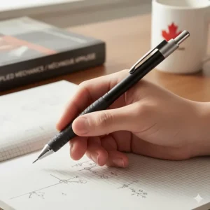 Close-up of a non-slip ergonomic grip on a mechanical pencil designed for long study sessions.